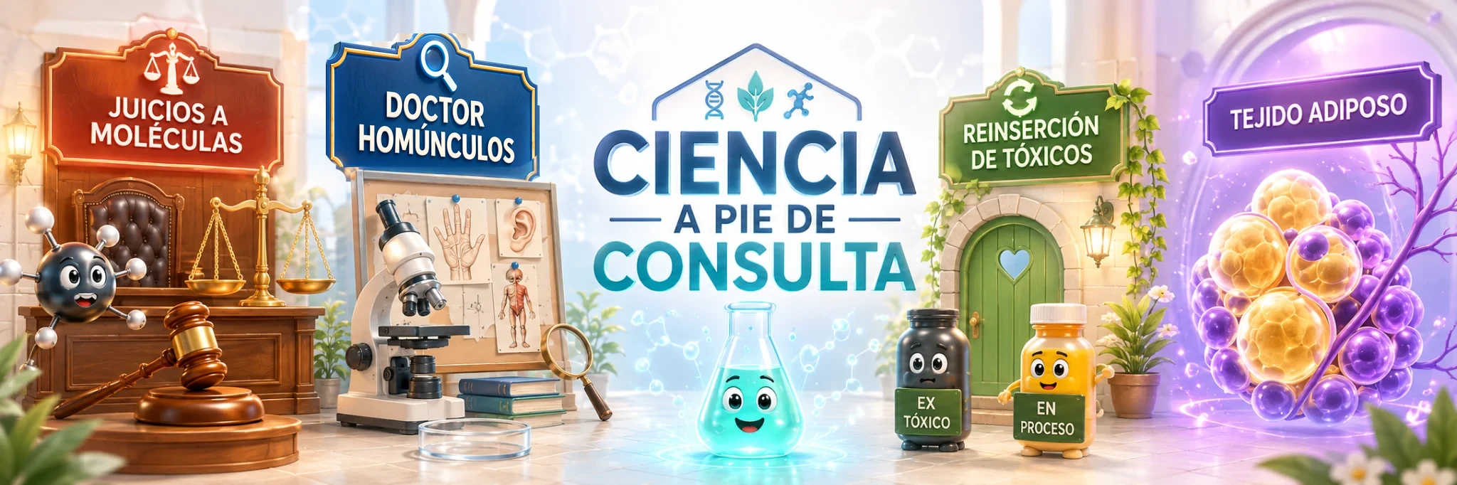 Cabecera ilustrada de Ciencia a pie de consulta: tribunal molecular, laboratorio, tóxicos en reinserción y tejido adiposo.