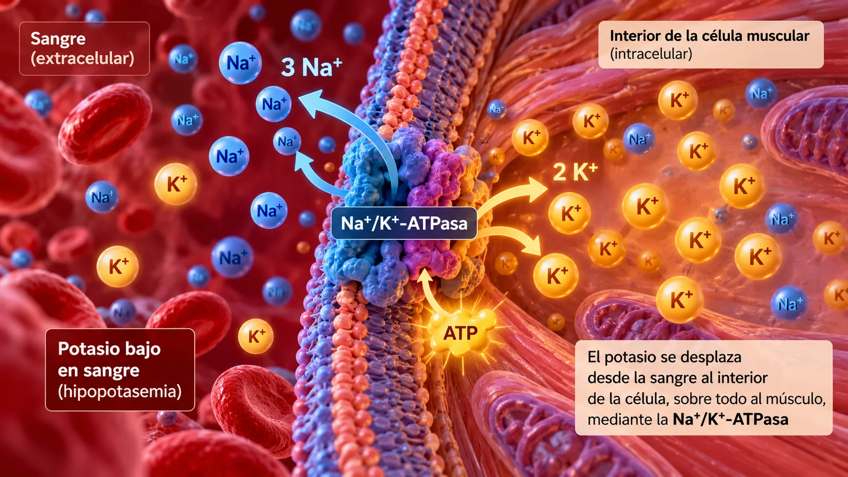 Ilustración de la bomba sodio-potasio y el desplazamiento intracelular de potasio.