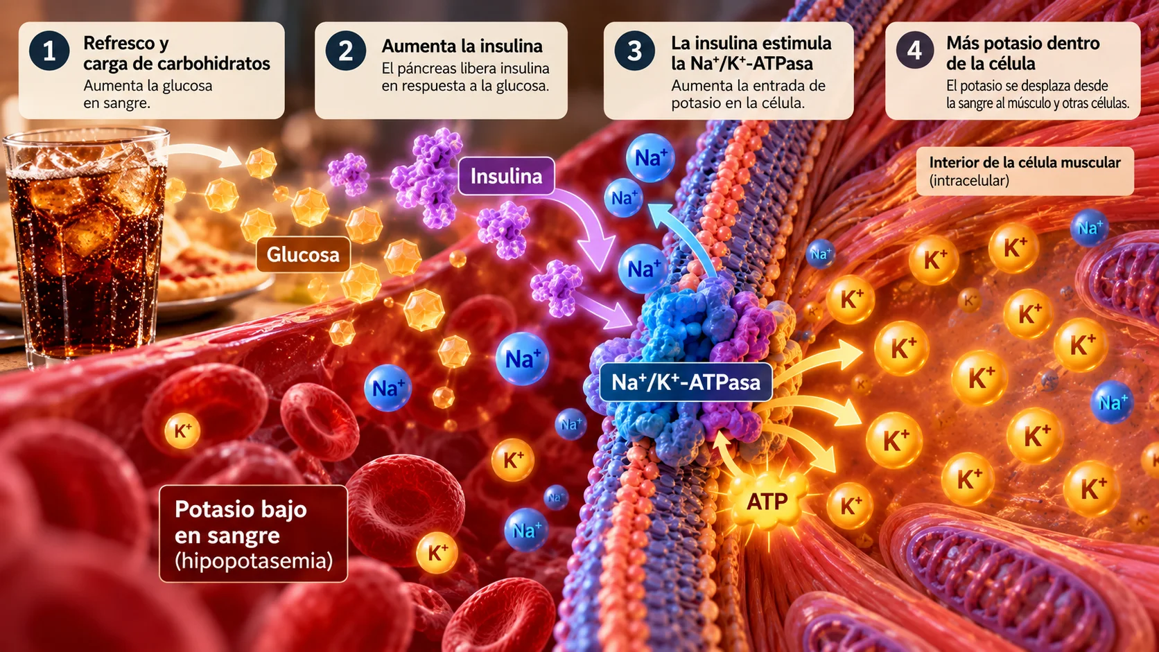 Esquema visual de hidratos, insulina y entrada de potasio en músculo.