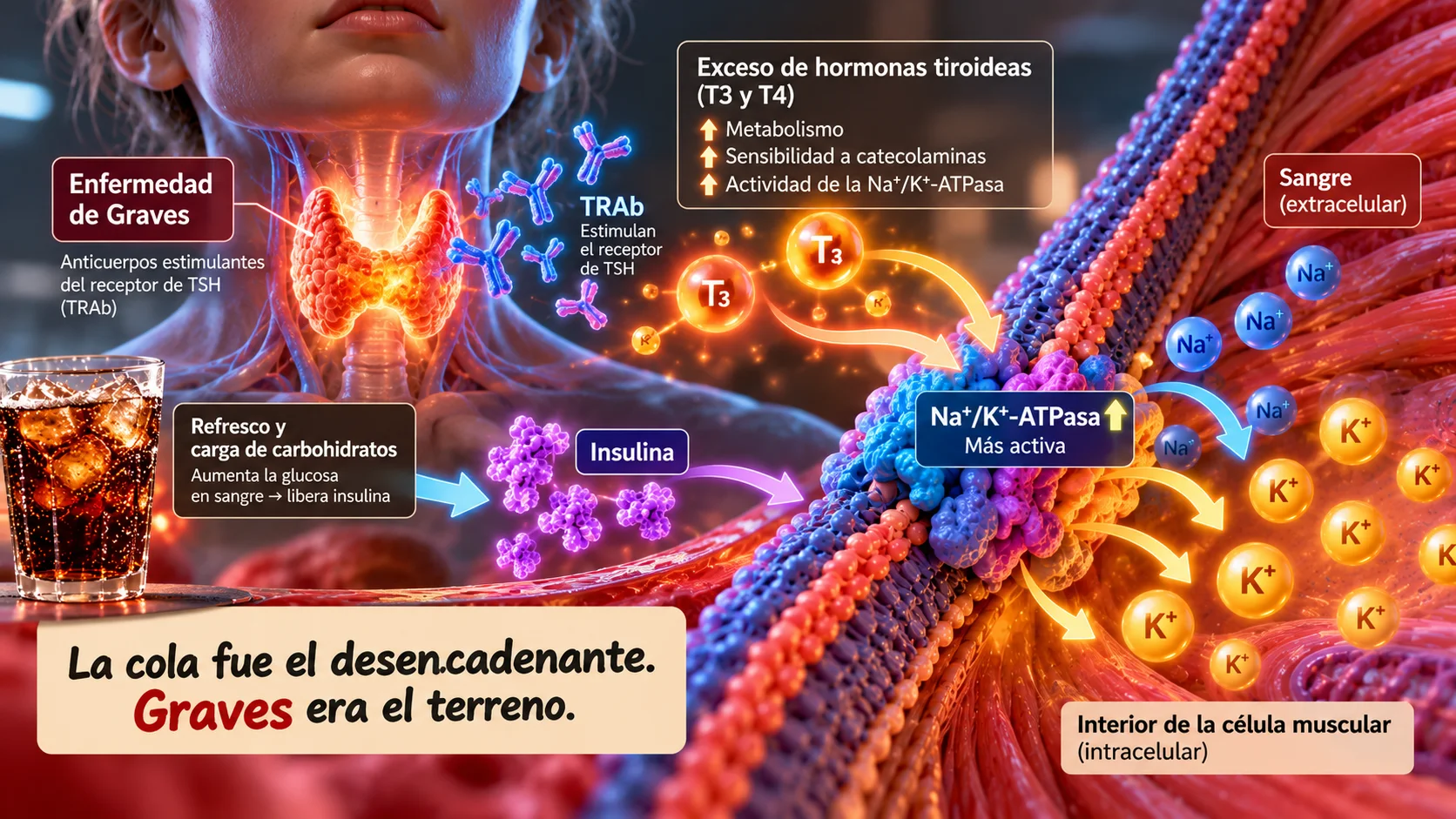 Ilustración de enfermedad de Graves y su relación con el desplazamiento de potasio.