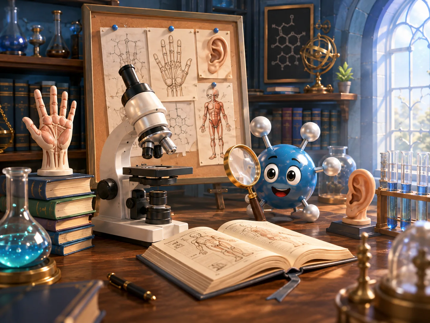 Laboratorio anatómico con microscopio, modelos del cuerpo humano y un personaje científico con lupa.
