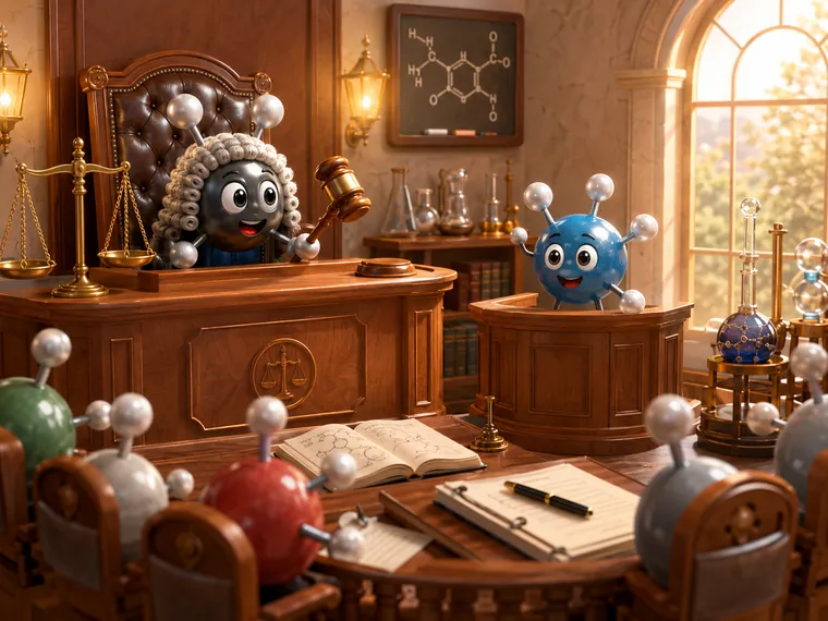 Tribunal científico con moléculas personificadas.