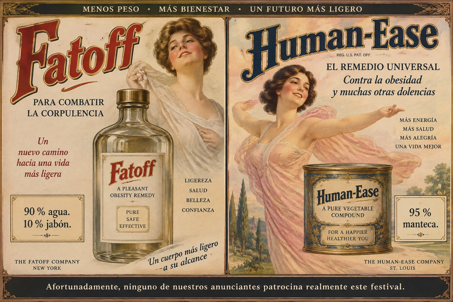 Recreación gráfica de anuncios históricos de Fatoff y Human-Ease, antiguos productos comercializados para adelgazar.
