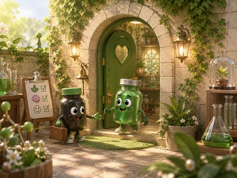 Frascos personificados frente a una puerta verde de reinserción.