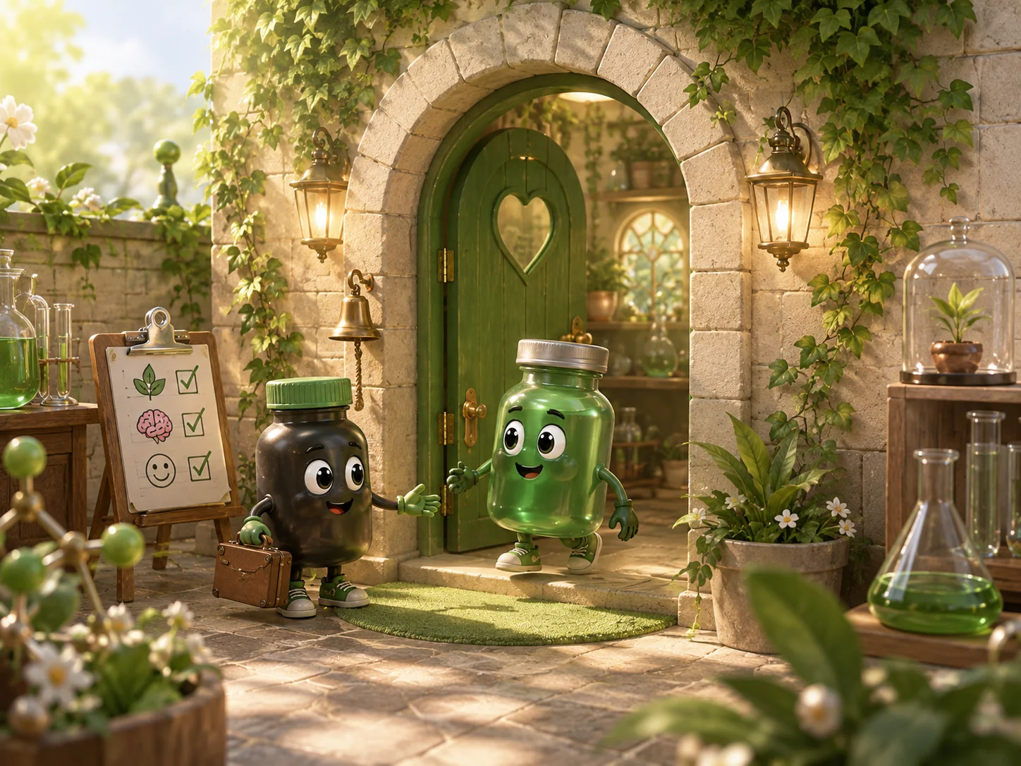 Dos frascos personificados frente a una puerta verde, en un laboratorio-jardín.